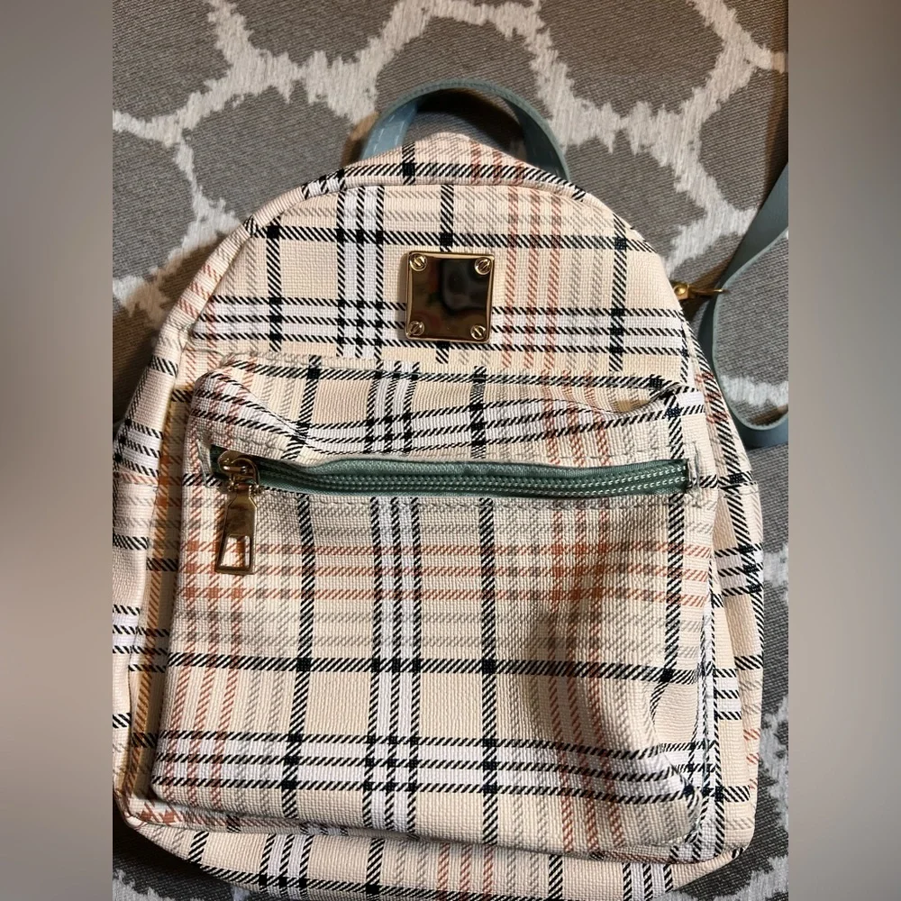 Plaid Mini Backpack with Blue Straps
